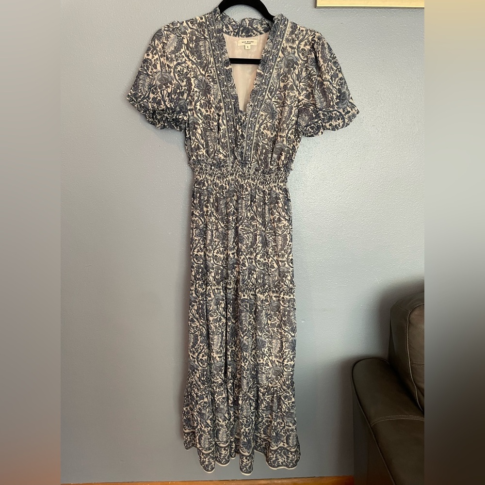 Max Studio Blue and Cream Smocked Maxi Dress